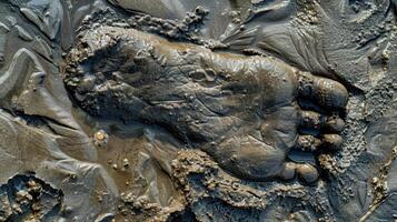The impression of a muddy foot on a sandy beach with the grains of sand mixing with the mud to create a unique textured print photo