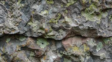 The worn and weathered surface of chiseled stone with remnants of lichen and moss adding pops of green and brown to its otherwise gray appearance photo