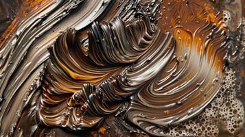 A macro shot of a bristly brush submerged in thick viscous paint with swirling lines and clumps of bristles creating an uneven textured pattern photo