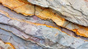 The rugged surface of chiseled stone with layers of sediment and sedimentary rock creating a colorful and unique pattern photo