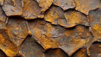 Rugged surface with numerous raised bumps and deep grooves displaying a variety of shades of yellow and brown photo