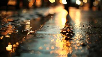 A puddle on concrete its smooth surface rippled with the reflections of sharp city lights and blurred passersby photo