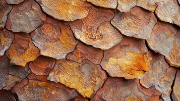 A rough and jagged bark almost resembling lizard scales with pockets of sticky resin tered throughout photo