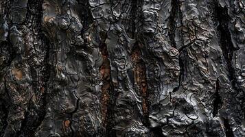 A closeup of a tree trunk with dark rough bark and thin transparent strands of resin stretching between the ridges photo