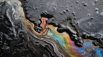 The textured surface of a black oil spill with swirls and streaks of rainbowcolored residue visible upon closer inspection photo