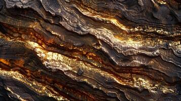 The deep grooves and ridges of a trees bark are highlighted by the glossy golden resin that fills them creating a striking contrast in textures photo