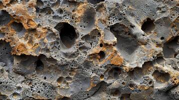 A textured section of porous lava rock featuring a combination of smooth and rough surfaces with small tered holes photo