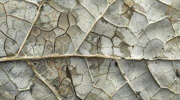 An upclose view of a thin brittle leaf covered in a mosaic of fractured lines and spots showcasing its delicate nature photo