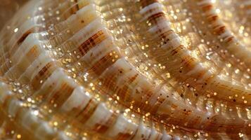 The texture of the seashell appears to be smooth and shiny but upon closer inspection tiny shimmering flecks can be seen throughout resembling speckles of glitter photo