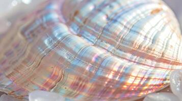 The overall surface of the seashell has a pearlescent quality with hints of pink blue and green shining through the white exterior in a subtle yet enchanting way photo