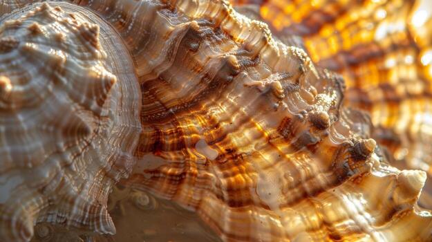 The outer layer of the seashell is rough and bumpy with small raised sections that catch and reflect light creating a mesmerizing sparkle photo