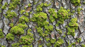 The spongy texture of moss reveals itself as it clings to the rough bark of a tree creating a natural camouflage photo