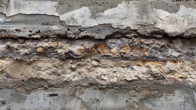 Gritty and uneven surface of eroding concrete revealing layers of different textures photo