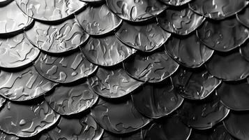 In the next image the embossed metal has a smooth shiny surface that is covered in a repetitive pattern resembling scales or waves. The edges of the pattern are sharp and defined givin photo
