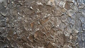 In this image the embossed metal has a rustic and industrial feel with a co and gritty texture. The surface is covered in small irregular shapes that resemble hammered or cracked meta photo