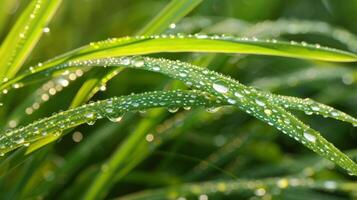A blade of grass its slender shape enhanced by droplets of dew that cling to its surface like a string of pearls photo
