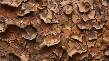 A closeup look at porous clay reveals its unique texture resembling an intricate puzzle with its interlocking pieces. The deep brown color is contrasted by small patches of lighte photo