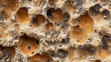 Zooming in on porous clay exposes its earthy organic composition with small bits of gravel and debris mixed in. The surface is pockmarked and bumpy almost resembling a honeycomb photo
