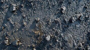 A rough textured surface of asphalt with small dark spots and streaks of oil photo