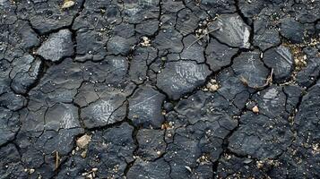 The jagged texture of cracked and uneven asphalt with bits of gravel and debris sticking out photo