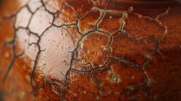 A closeup shot of a smooth glossy surface of a brown glazed vase with small cracks and crevices showcasing the earthy texture photo