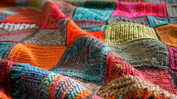 Reminiscent of a patchwork quilt this knitted blanket features a variety of colorful squares and rectangles each with its own unique texture photo