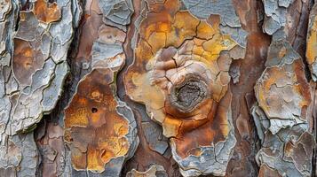 Up close the bark of this tree appears to be a patchwork of rough scaly patches that overlap and intertwine to form a protective layer photo
