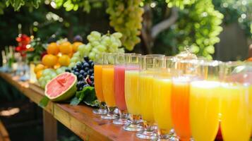 Faint view of a mimosa bar with colorful fruit juices at the bridal shower photo