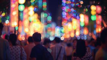 Distorted reflections of buildings in the background of the crowded festival scene photo