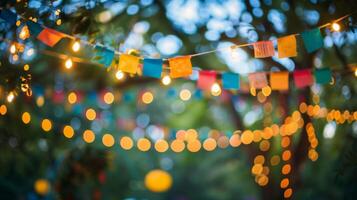 Hazy view of colorful banners and ling string lights in a garden gatherin photo