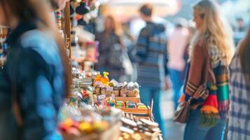 Blurred view of people browsing through a diverse selection of crafts at a community fair photo