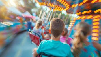 Distorted image of families enjoying carnival rides at a community fair photo
