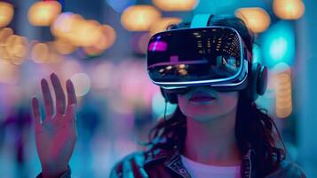 A vague glimpse of a VR headset as an attendee tests out the latest technology at a tech trade show photo