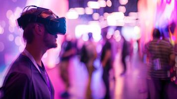 Blurry attendees walking through a virtual reality experience at a tingedge tech conference photo