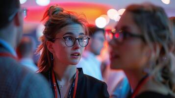 Indiscernible faces of attendees conversing over futuristic gadgets and gizmos at a defocused tech event photo