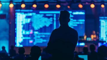 The silhouette of a speaker on stage flanked by screens displaying complex coding and data at a defocused tech summit photo