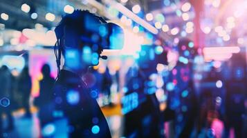The outlines of virtual reality headsets and controllers fill the frame in a blurred image of a tech conference demo photo