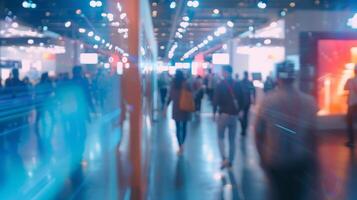 A hazy view of booths and displays as attendees rush through the aisles at a popular tech conference photo