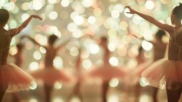 The audience blends together in a soft blur creating a serene backdrop for the ballet dancers photo