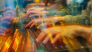 A blur of hands typing feverishly on keyboards as attendees compete in a coding competition at a tech convention photo