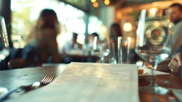 Softly blurred faces peering over menus discussing potential collaborations and business opportunities photo