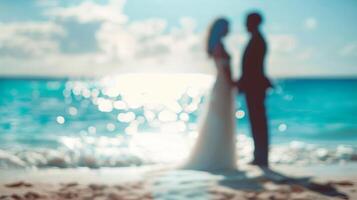 Softly blurred outlines of a bride and groom exchanging vows on a tranquil beach photo