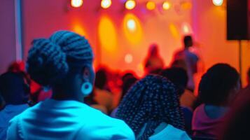 The audience is but a colorful blur as performers step into the spotlight at the open mic night bringing their stories to life photo