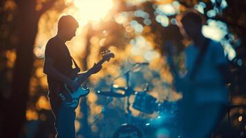 Hazy outlines of musicians performing against a backdrop of trees photo
