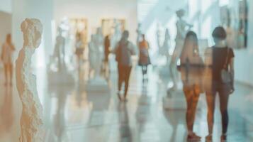 Fuzzy outlines of sculptures and people merge together in a defocused view of an art exhibition photo