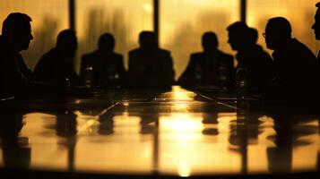 Shadowy figures sitting around an oval table in a boardroom meeting photo