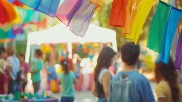 Out of focus shot of colorful adoption banners and busy volunteers assisting with the event photo