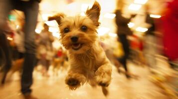 Floating shapes of adorable animals and jubilant adopters in a blur of joy at the event photo