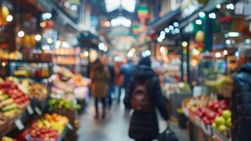 A hazy view of a busy indoor market with shoppers milling about photo