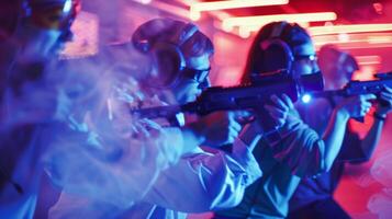 Blurry image of coworkers playing a game of laser tag as part of teambuilding activities photo
